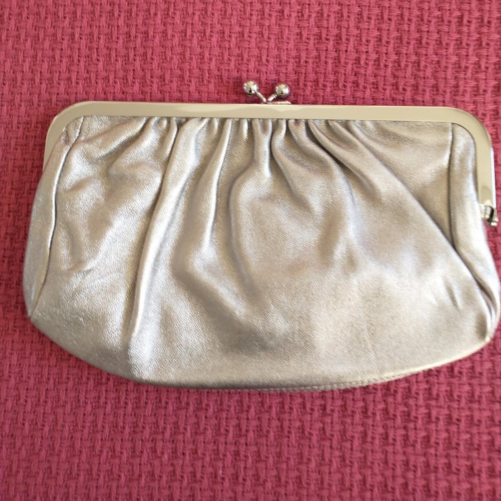 Express Silver Leather Pleated Clutch Evening Handbag Purse - Picture 2 of 8